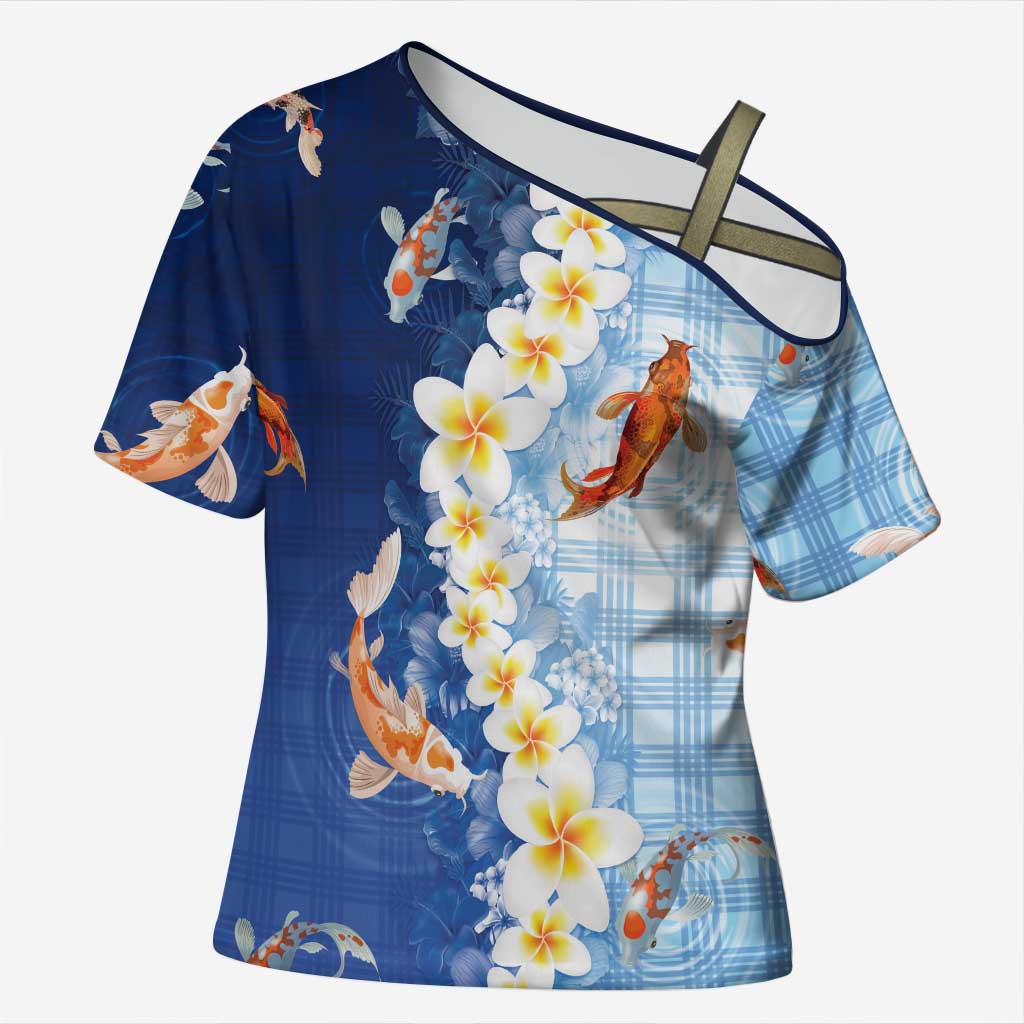 Hawaii And Japan Cross Shoulder Shirt Plumeria Lei With Koi Fish Blue LT05 Female Blue - Polynesian Pride