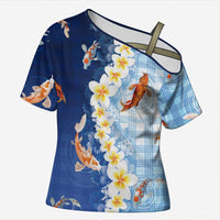 Hawaii And Japan Cross Shoulder Shirt Plumeria Lei With Koi Fish Blue LT05 Female Blue - Polynesian Pride