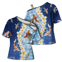Hawaii And Japan Cross Shoulder Shirt Plumeria Lei With Koi Fish Blue LT05 - Polynesian Pride