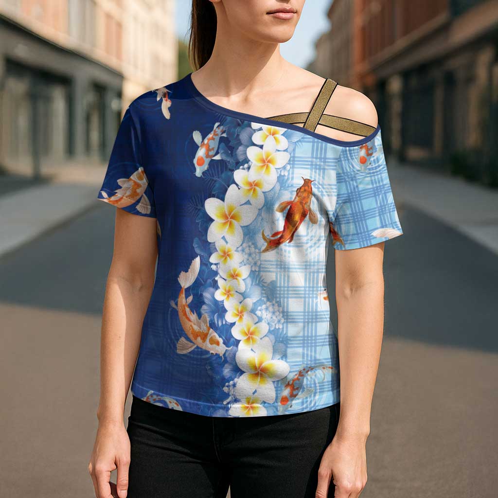 Hawaii And Japan Cross Shoulder Shirt Plumeria Lei With Koi Fish Blue LT05 - Polynesian Pride