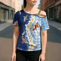 Hawaii And Japan Cross Shoulder Shirt Plumeria Lei With Koi Fish Blue LT05 - Polynesian Pride