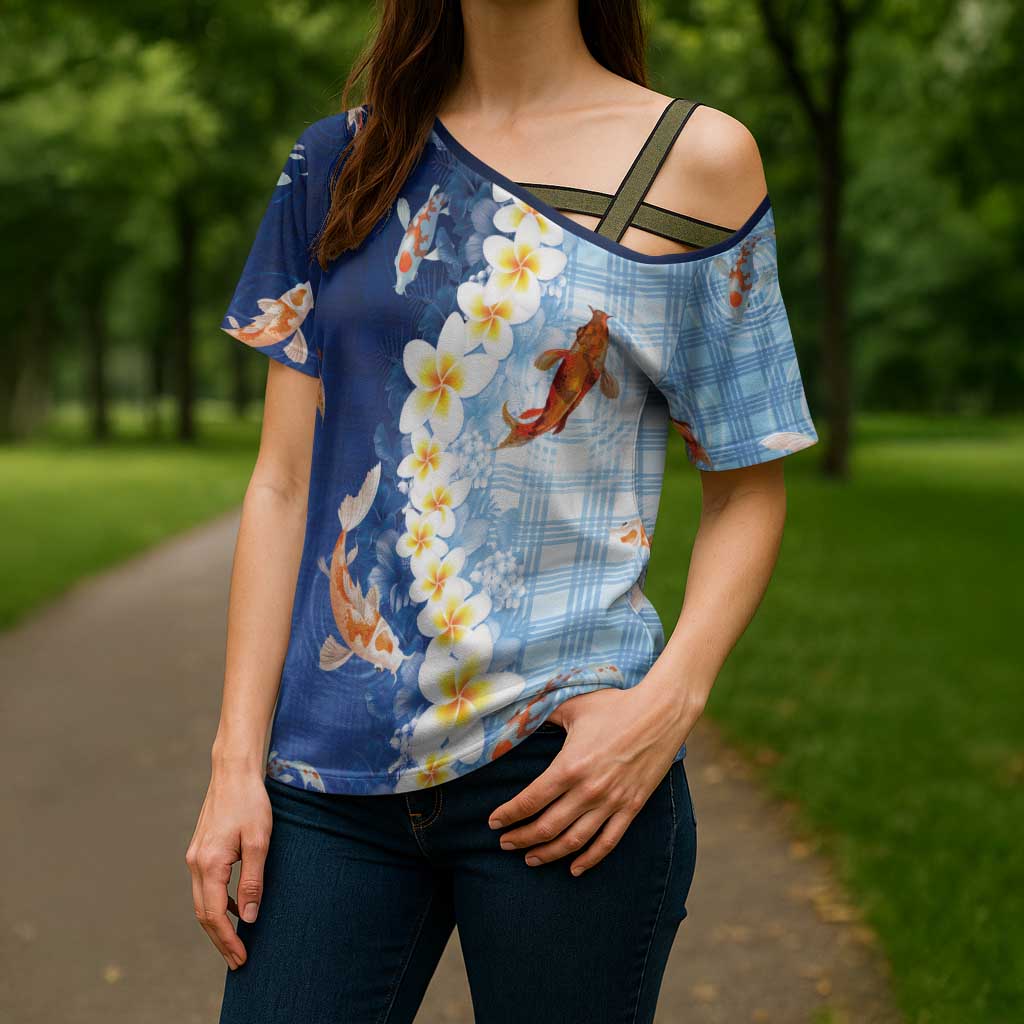 Hawaii And Japan Cross Shoulder Shirt Plumeria Lei With Koi Fish Blue LT05 - Polynesian Pride