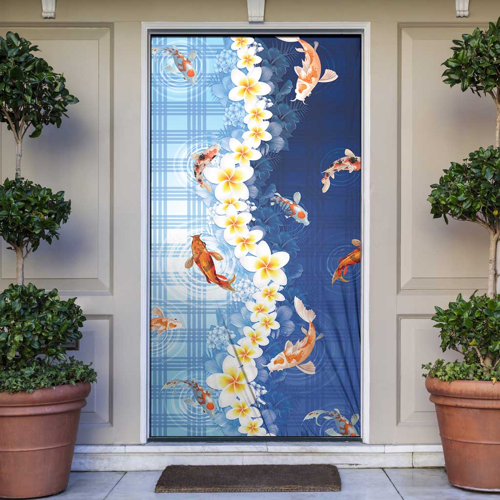 Hawaii And Japan Door Cover Plumeria Lei With Koi Fish Blue LT05 Blue - Polynesian Pride