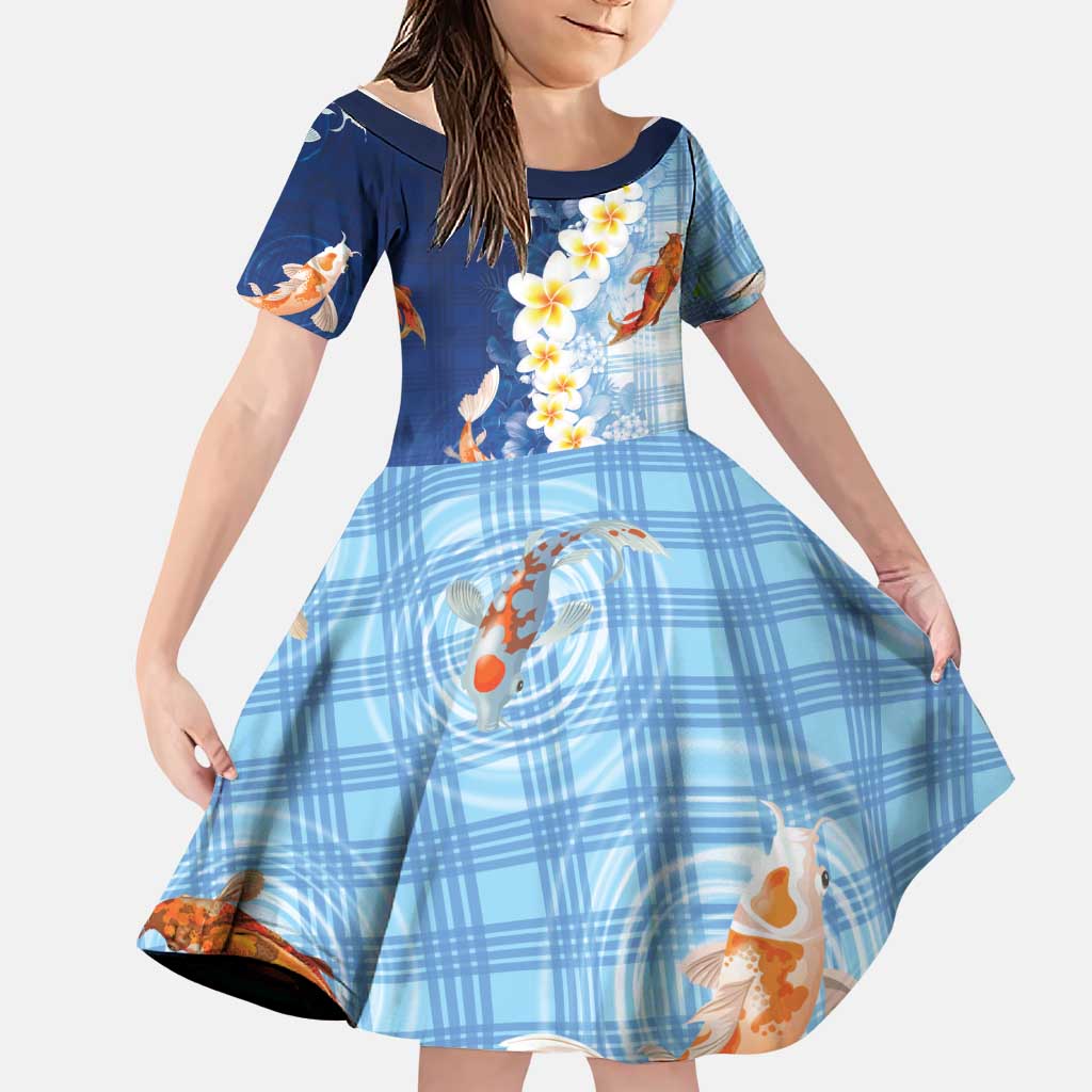Hawaii And Japan Family Matching Long Sleeve Bodycon Dress and Hawaiian Shirt Plumeria Lei With Koi Fish Blue - Polynesian Pride