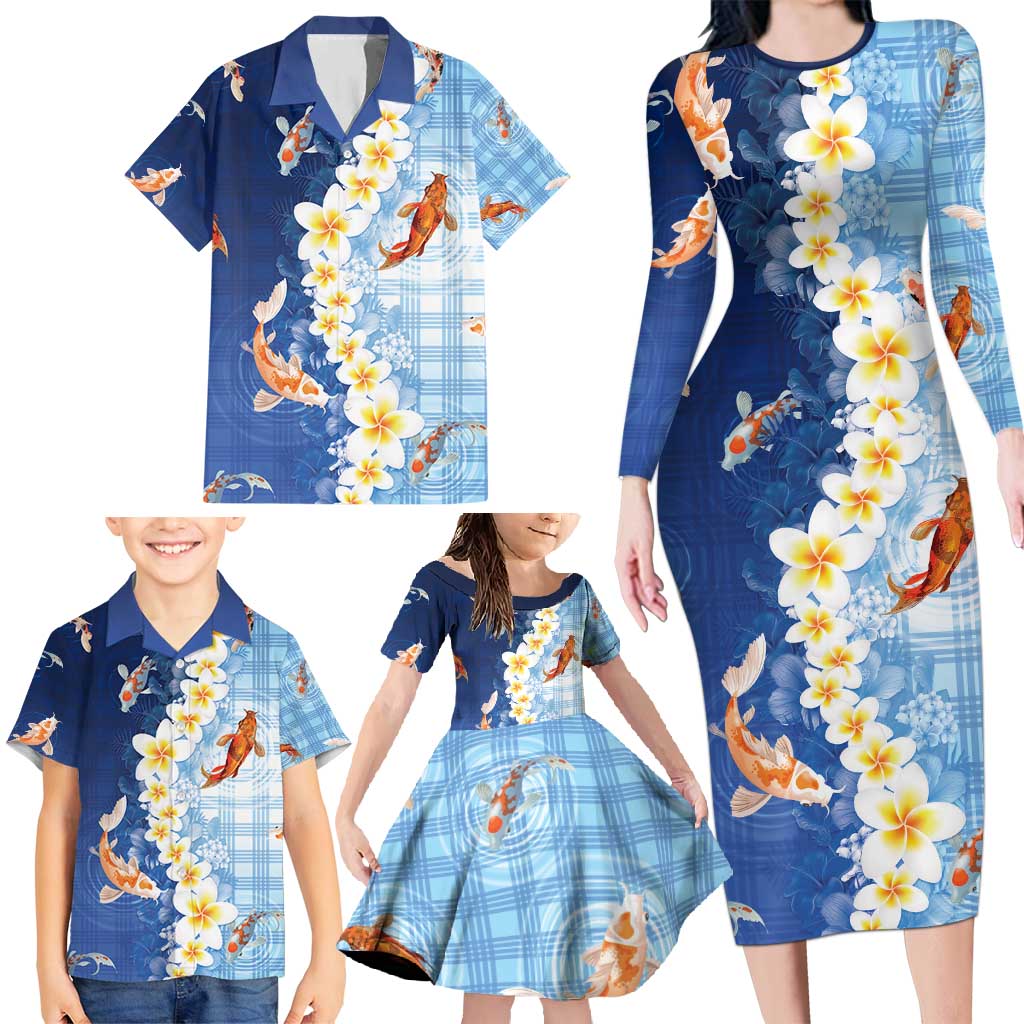 Hawaii And Japan Family Matching Long Sleeve Bodycon Dress and Hawaiian Shirt Plumeria Lei With Koi Fish Blue - Polynesian Pride