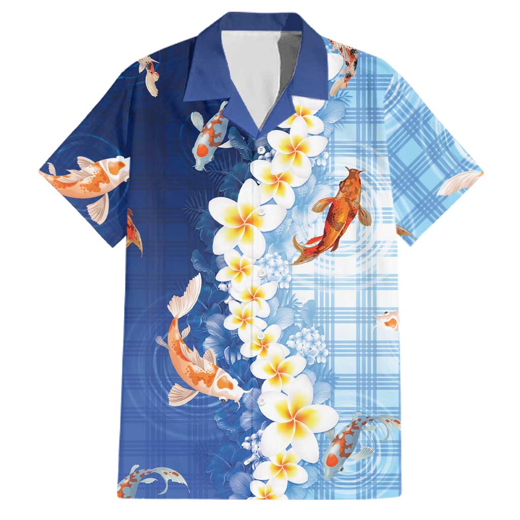 Hawaii And Japan Family Matching Long Sleeve Bodycon Dress and Hawaiian Shirt Plumeria Lei With Koi Fish Blue - Polynesian Pride