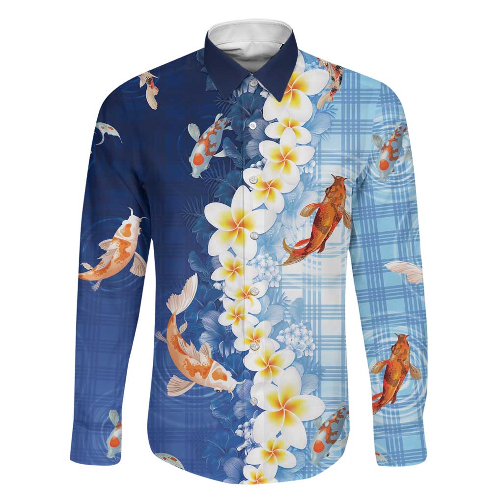 Hawaii And Japan Family Matching Long Sleeve Bodycon Dress and Hawaiian Shirt Plumeria Lei With Koi Fish Blue - Polynesian Pride