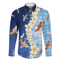 Hawaii And Japan Family Matching Long Sleeve Bodycon Dress and Hawaiian Shirt Plumeria Lei With Koi Fish Blue - Polynesian Pride