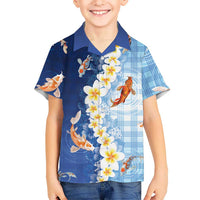 Hawaii And Japan Family Matching Long Sleeve Bodycon Dress and Hawaiian Shirt Plumeria Lei With Koi Fish Blue - Polynesian Pride