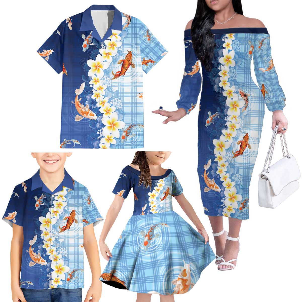 Hawaii And Japan Family Matching Off The Shoulder Long Sleeve Dress and Hawaiian Shirt Plumeria Lei With Koi Fish Blue - Polynesian Pride