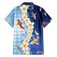 Hawaii And Japan Family Matching Off The Shoulder Long Sleeve Dress and Hawaiian Shirt Plumeria Lei With Koi Fish Blue - Polynesian Pride