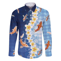 Hawaii And Japan Family Matching Off The Shoulder Long Sleeve Dress and Hawaiian Shirt Plumeria Lei With Koi Fish Blue - Polynesian Pride