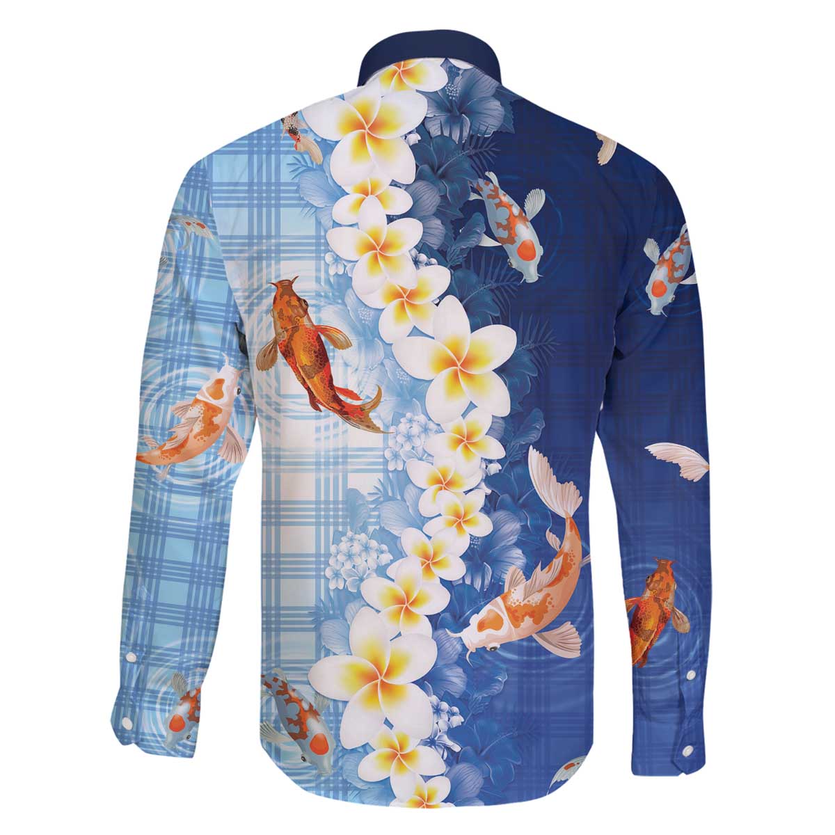 Hawaii And Japan Family Matching Off The Shoulder Long Sleeve Dress and Hawaiian Shirt Plumeria Lei With Koi Fish Blue - Polynesian Pride