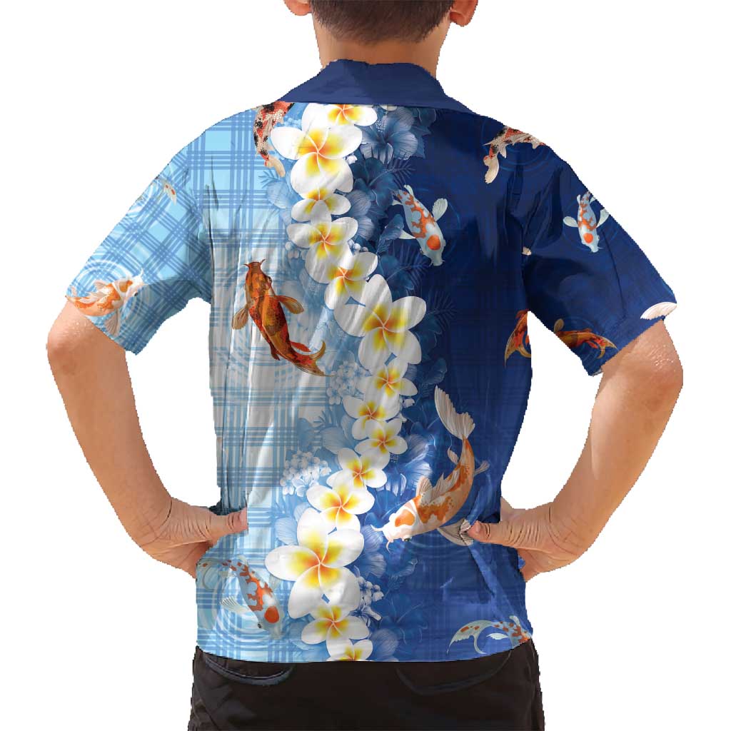 Hawaii And Japan Family Matching Off Shoulder Short Dress and Hawaiian Shirt Plumeria Lei With Koi Fish Blue - Polynesian Pride