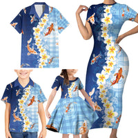 Hawaii And Japan Family Matching Short Sleeve Bodycon Dress and Hawaiian Shirt Plumeria Lei With Koi Fish Blue - Polynesian Pride