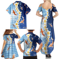 Hawaii And Japan Family Matching Summer Maxi Dress and Hawaiian Shirt Plumeria Lei With Koi Fish Blue - Polynesian Pride