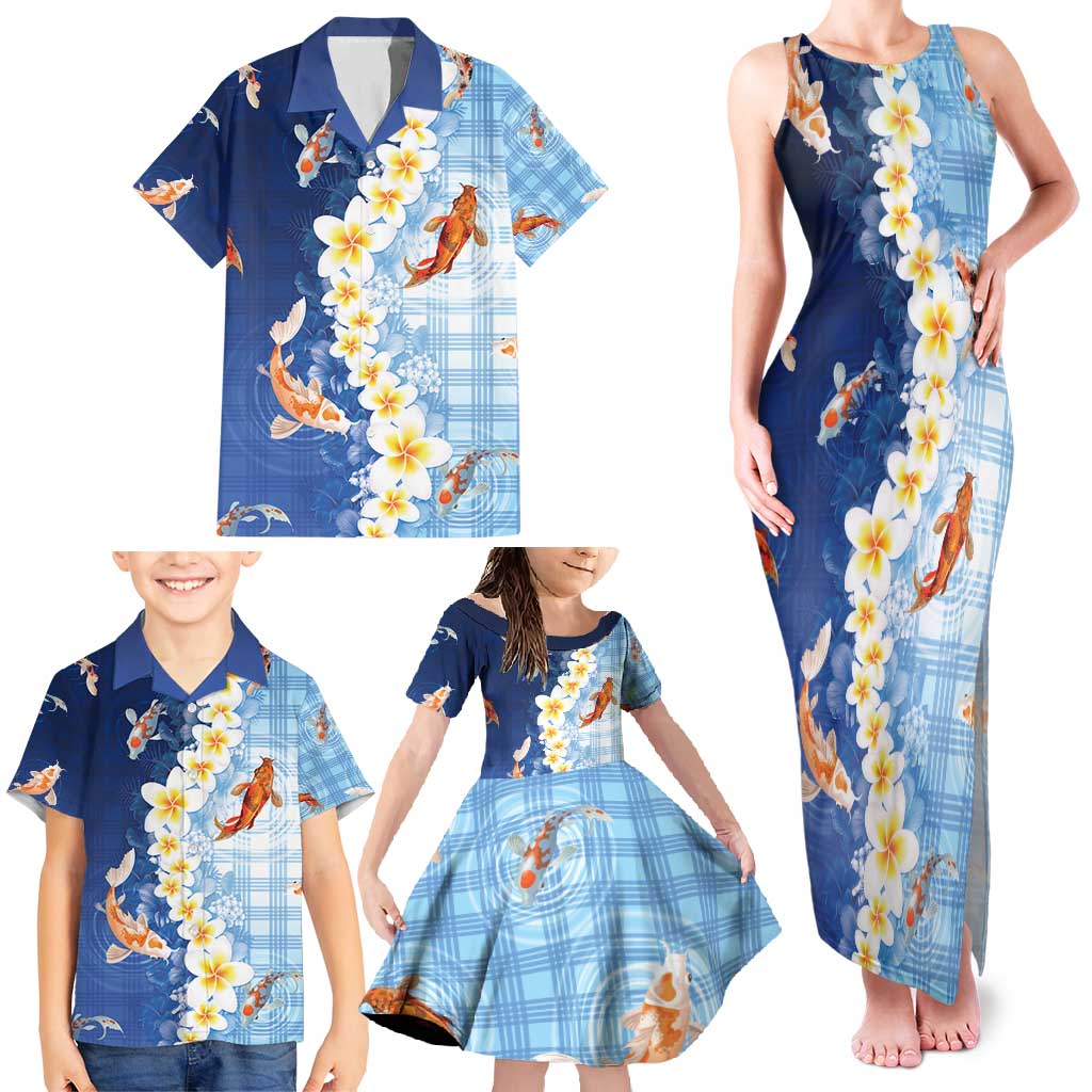 Hawaii And Japan Family Matching Tank Maxi Dress and Hawaiian Shirt Plumeria Lei With Koi Fish Blue - Polynesian Pride