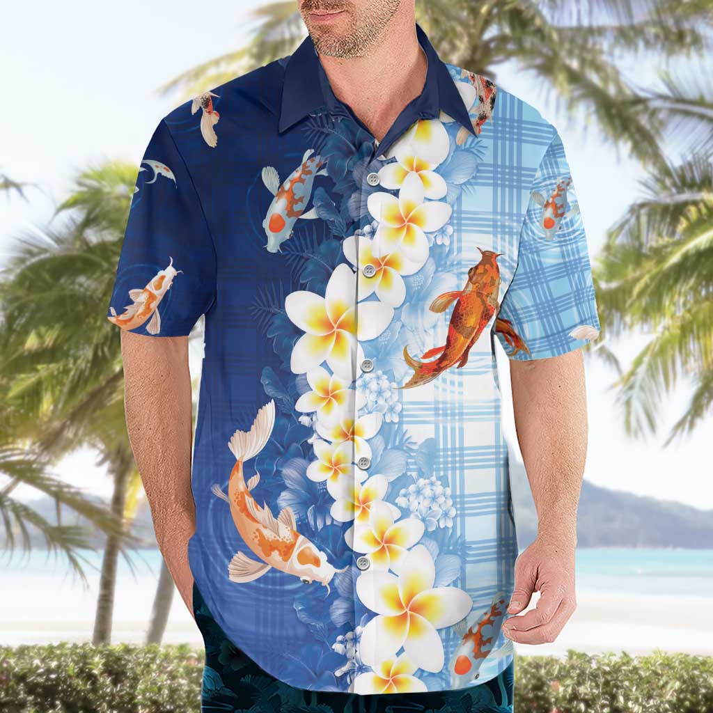 Hawaii And Japan Hawaiian Shirt Plumeria Lei With Koi Fish Blue - Polynesian Pride