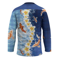 Hawaii And Japan Hockey Jersey Plumeria Lei With Koi Fish Blue - Polynesian Pride