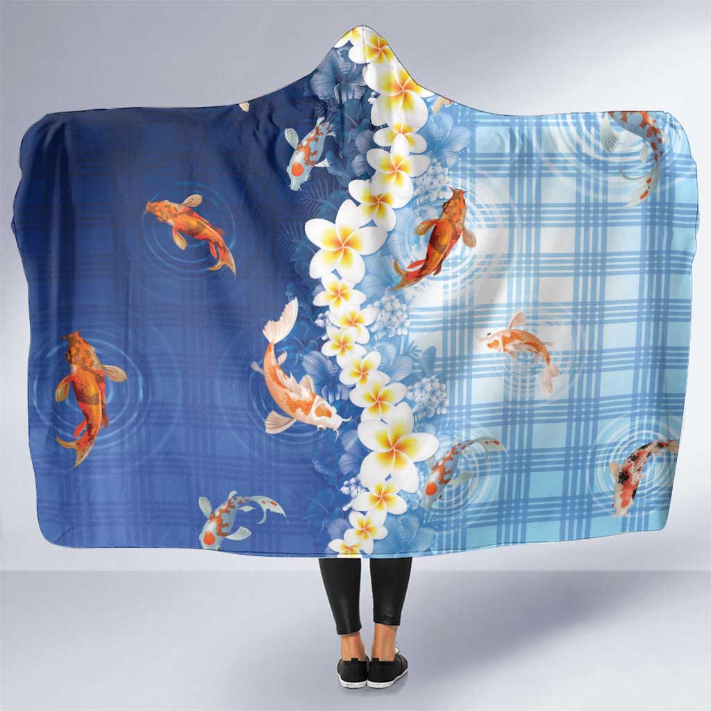 Hawaii And Japan Hooded Blanket Plumeria Lei With Koi Fish Blue LT05 One Size Blue - Polynesian Pride
