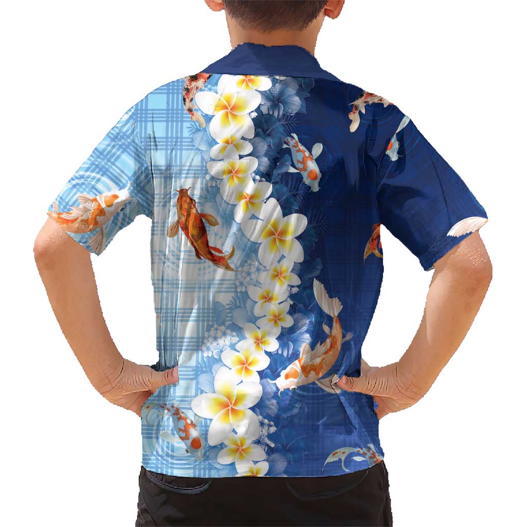 Hawaii And Japan Kid Hawaiian Shirt Plumeria Lei With Koi Fish Blue LT05 - Polynesian Pride