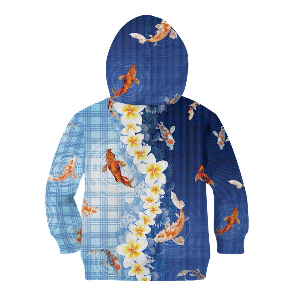 Hawaii And Japan Kid Hoodie Plumeria Lei With Koi Fish Blue - Polynesian Pride