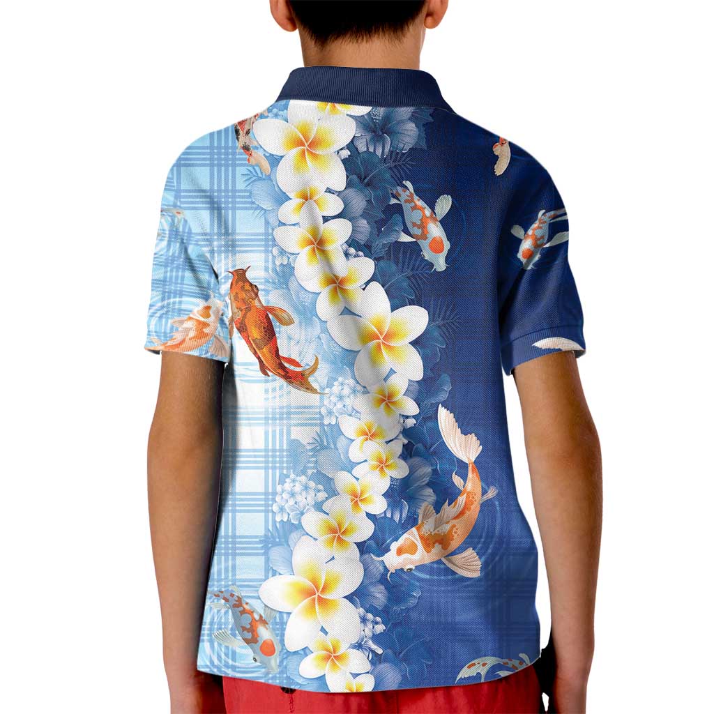 Hawaii And Japan Kid Polo Shirt Plumeria Lei With Koi Fish Blue - Polynesian Pride