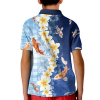 Hawaii And Japan Kid Polo Shirt Plumeria Lei With Koi Fish Blue - Polynesian Pride