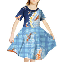Hawaii And Japan Kid Short Sleeve Dress Plumeria Lei With Koi Fish Blue LT05 - Polynesian Pride
