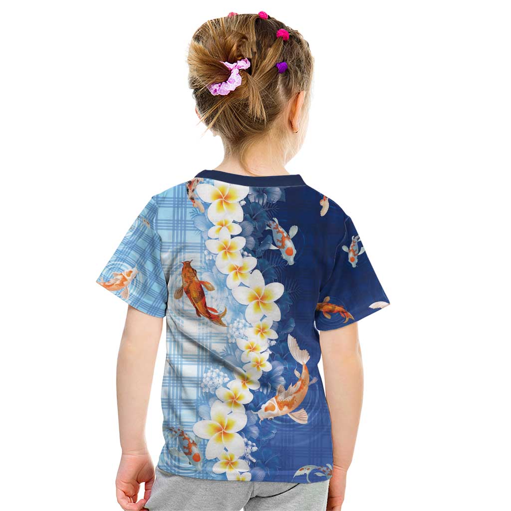 Hawaii And Japan Kid T Shirt Plumeria Lei With Koi Fish Blue - Polynesian Pride
