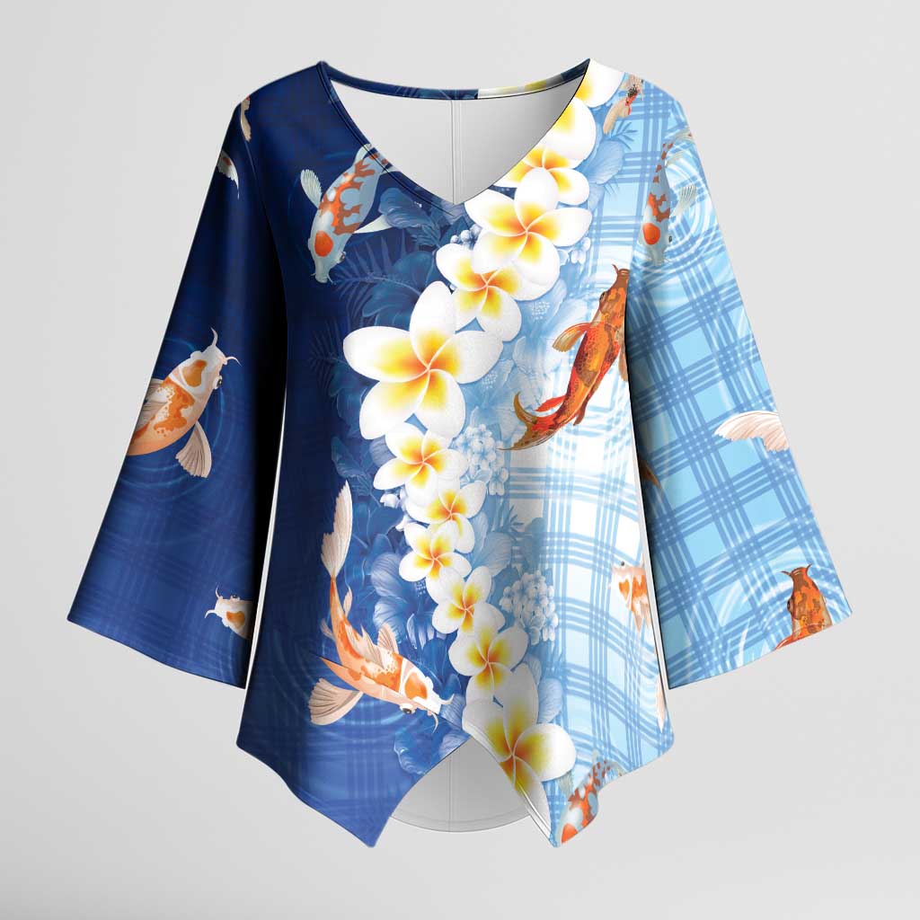 Hawaii And Japan Kimono Sleeve Blouse Plumeria Lei With Koi Fish Blue LT05 Female Blue - Polynesian Pride