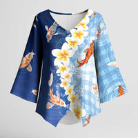Hawaii And Japan Kimono Sleeve Blouse Plumeria Lei With Koi Fish Blue LT05 Female Blue - Polynesian Pride