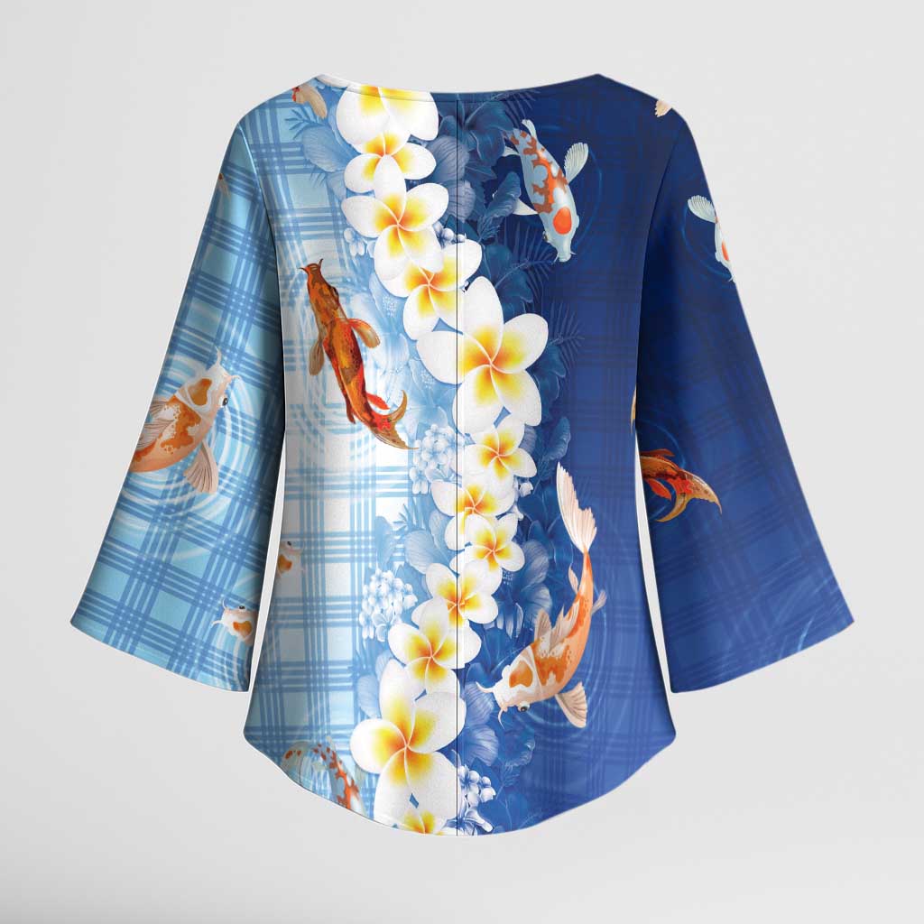 Hawaii And Japan Kimono Sleeve Blouse Plumeria Lei With Koi Fish Blue LT05 - Polynesian Pride