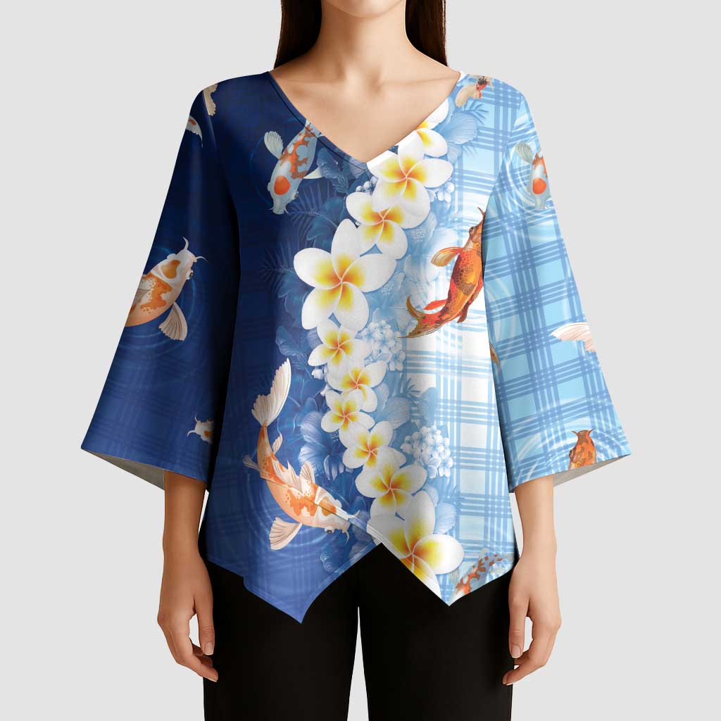 Hawaii And Japan Kimono Sleeve Blouse Plumeria Lei With Koi Fish Blue LT05 - Polynesian Pride