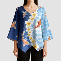 Hawaii And Japan Kimono Sleeve Blouse Plumeria Lei With Koi Fish Blue LT05 - Polynesian Pride