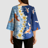 Hawaii And Japan Kimono Sleeve Blouse Plumeria Lei With Koi Fish Blue LT05 - Polynesian Pride