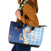 Hawaii And Japan Leather Tote Bag Plumeria Lei With Koi Fish Blue - Polynesian Pride
