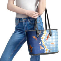Hawaii And Japan Leather Tote Bag Plumeria Lei With Koi Fish Blue - Polynesian Pride