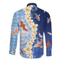 Hawaii And Japan Long Sleeve Button Shirt Plumeria Lei With Koi Fish Blue LT05 - Polynesian Pride