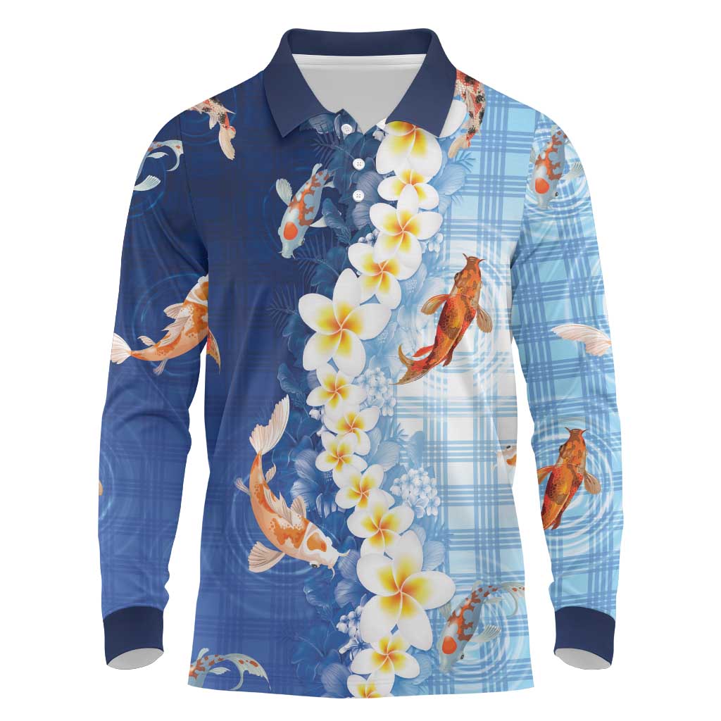Hawaii And Japan Long Sleeve Polo Shirt Plumeria Lei With Koi Fish Blue LT05 Blue - Polynesian Pride