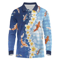 Hawaii And Japan Long Sleeve Polo Shirt Plumeria Lei With Koi Fish Blue LT05 Blue - Polynesian Pride