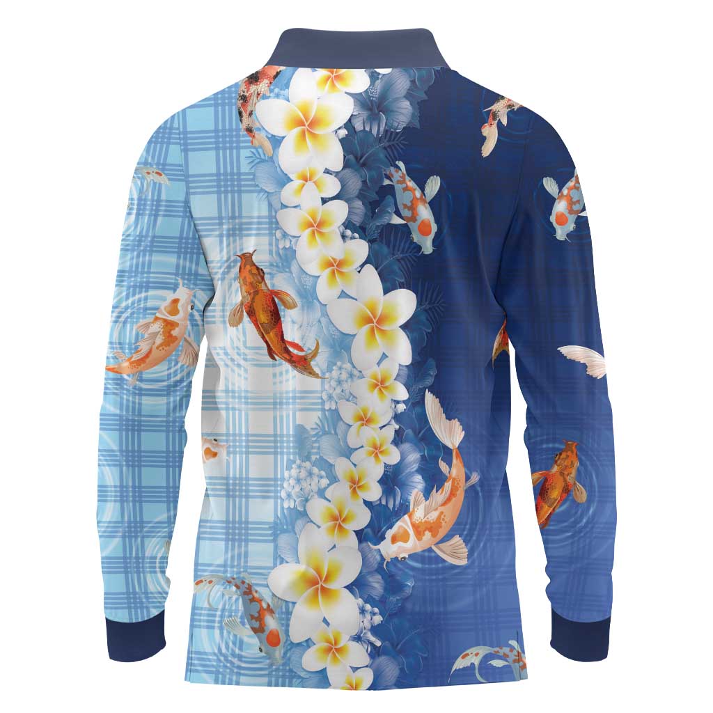 Hawaii And Japan Long Sleeve Polo Shirt Plumeria Lei With Koi Fish Blue LT05 - Polynesian Pride