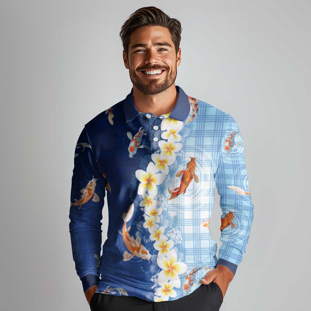Hawaii And Japan Long Sleeve Polo Shirt Plumeria Lei With Koi Fish Blue LT05 - Polynesian Pride