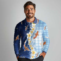 Hawaii And Japan Long Sleeve Polo Shirt Plumeria Lei With Koi Fish Blue LT05 - Polynesian Pride