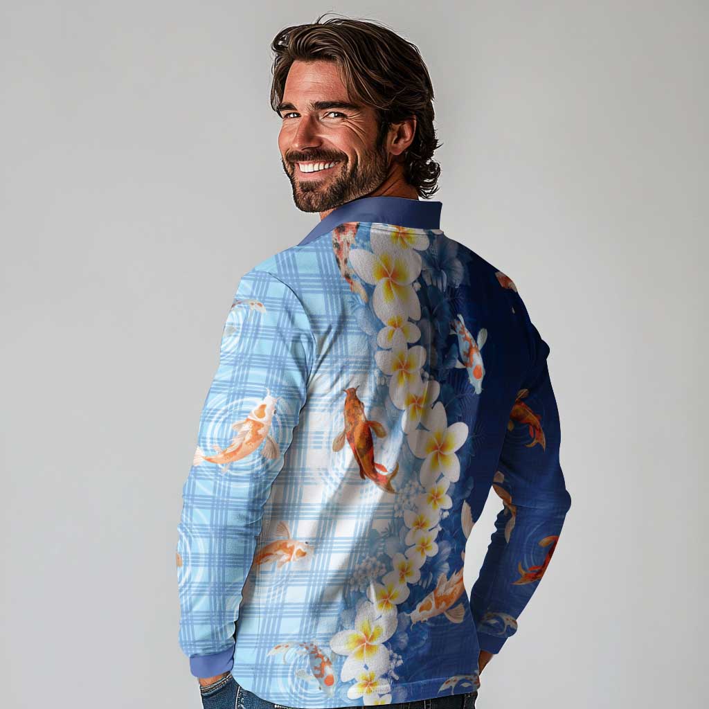 Hawaii And Japan Long Sleeve Polo Shirt Plumeria Lei With Koi Fish Blue LT05 - Polynesian Pride