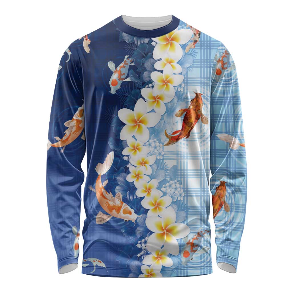 Hawaii And Japan Long Sleeve Shirt Plumeria Lei With Koi Fish Blue LT05 Unisex Blue - Polynesian Pride