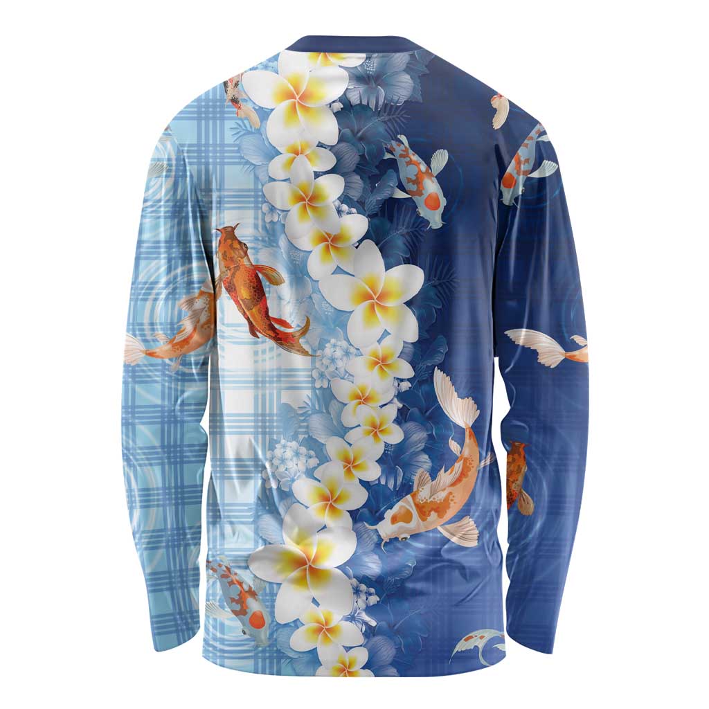 Hawaii And Japan Long Sleeve Shirt Plumeria Lei With Koi Fish Blue LT05 - Polynesian Pride