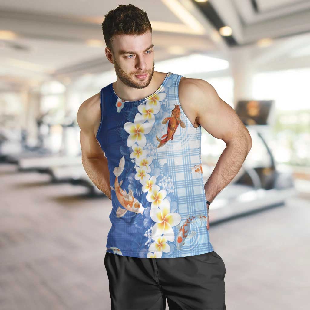 Hawaii And Japan Men Tank Top Plumeria Lei With Koi Fish Blue LT05 Blue - Polynesian Pride