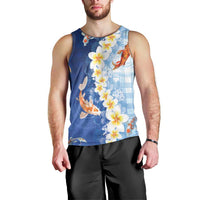 Hawaii And Japan Men Tank Top Plumeria Lei With Koi Fish Blue LT05 - Polynesian Pride