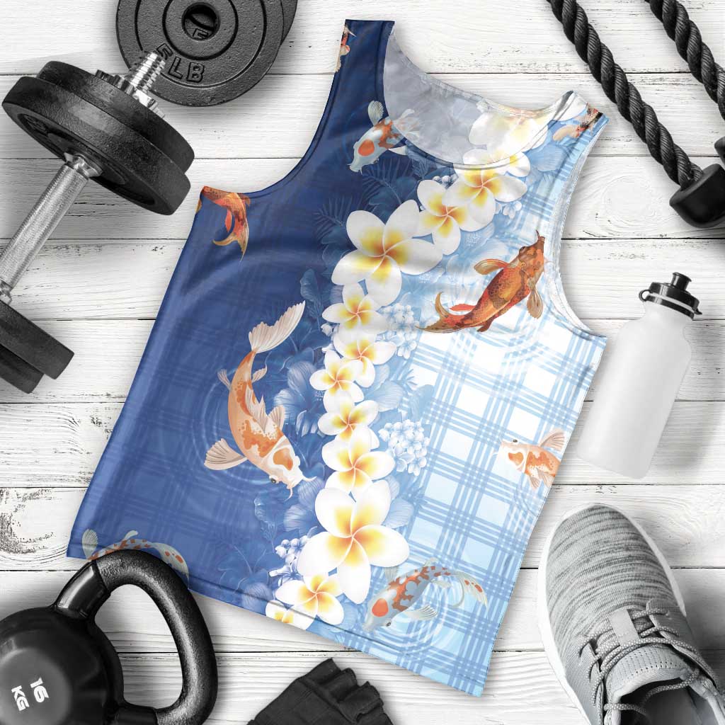 Hawaii And Japan Men Tank Top Plumeria Lei With Koi Fish Blue LT05 - Polynesian Pride